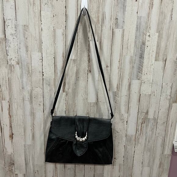 Vintage Dessiree Black Faux Leather Envelope Clutch Buckle Bag 80s Retro - Picture 1 of 9